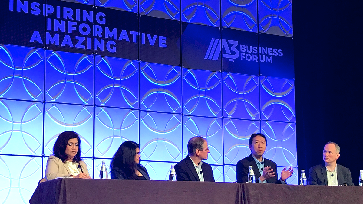 Andrew Ng speaking at the A3 Business Forum in Orlando, Florida
